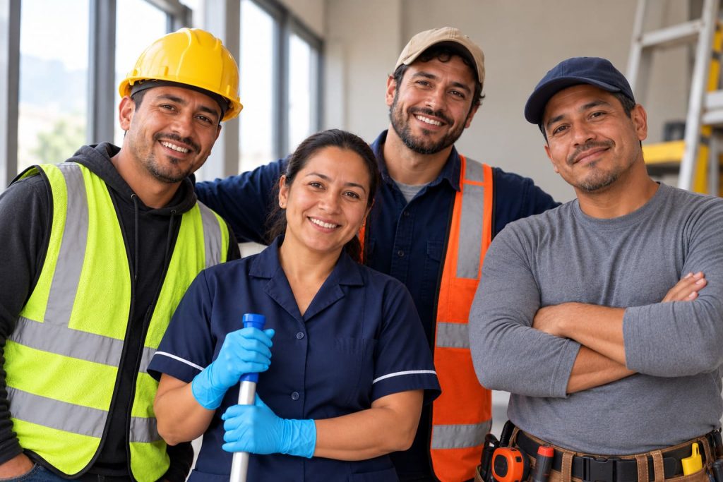 Grupo de trabajadores de construcción, mantenimiento y limpieza que representa la importancia de clasificar correctamente a empleados y contratistas independientes.