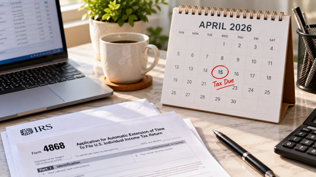 Calendario fiscal con el 15 de abril marcado como fecha límite para pagar impuestos al IRS, junto al formulario 4868 de extensión de impuestos y una computadora.