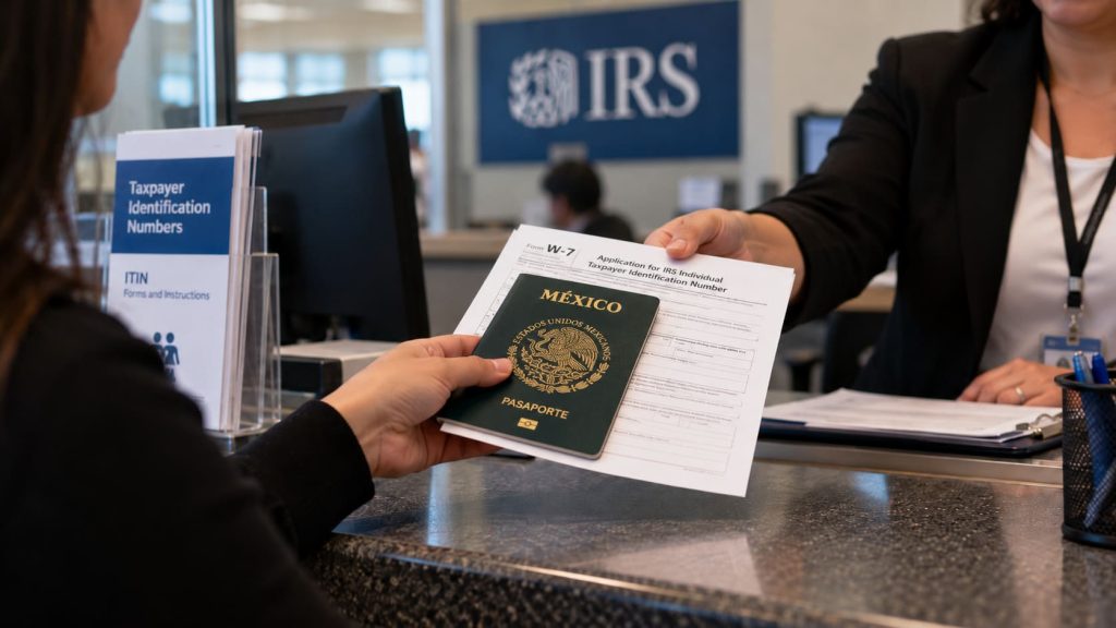 Persona presentando un pasaporte mexicano junto al formulario W-7 durante una consulta para solicitar o renovar su ITIN ante el IRS.