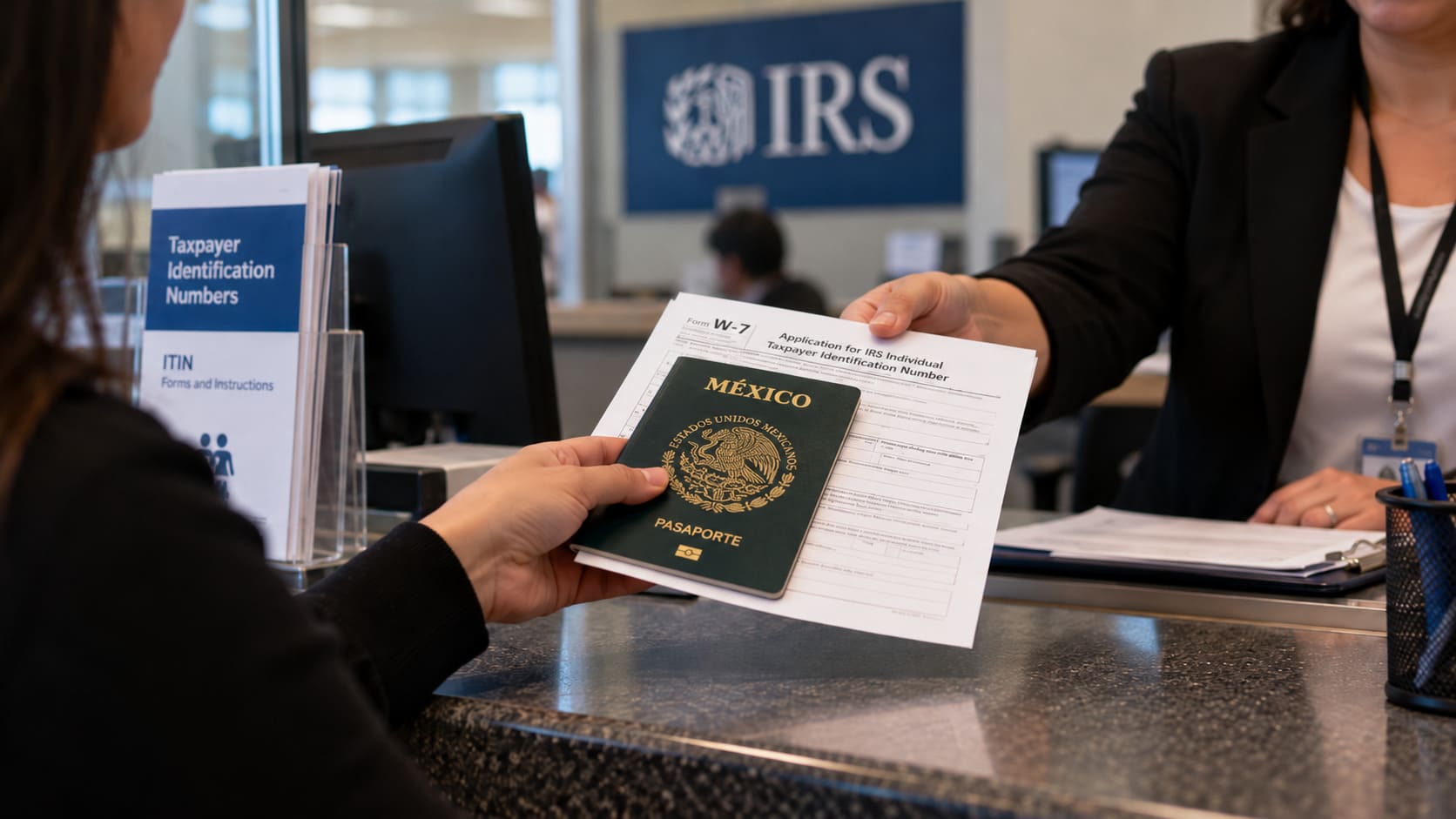 Persona presentando un pasaporte mexicano junto al formulario W-7 durante una consulta para solicitar o renovar su ITIN ante el IRS.