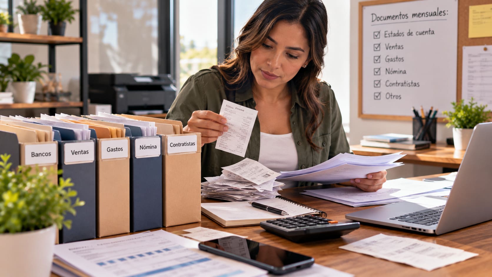 Emprendedora organizando recibos, facturas y documentos financieros en carpetas de bancos, ventas, gastos, nómina y contratistas para entregar a su contador cada mes.