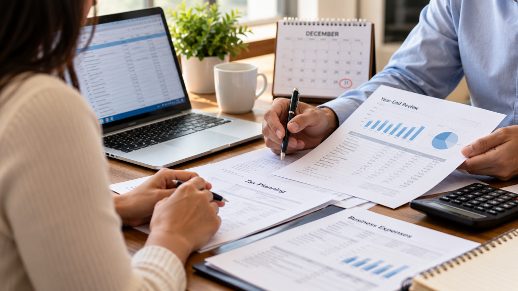 Contador y cliente revisando documentos fiscales, gráficos financieros y gastos del negocio durante una reunión de planificación de impuestos de fin de año.