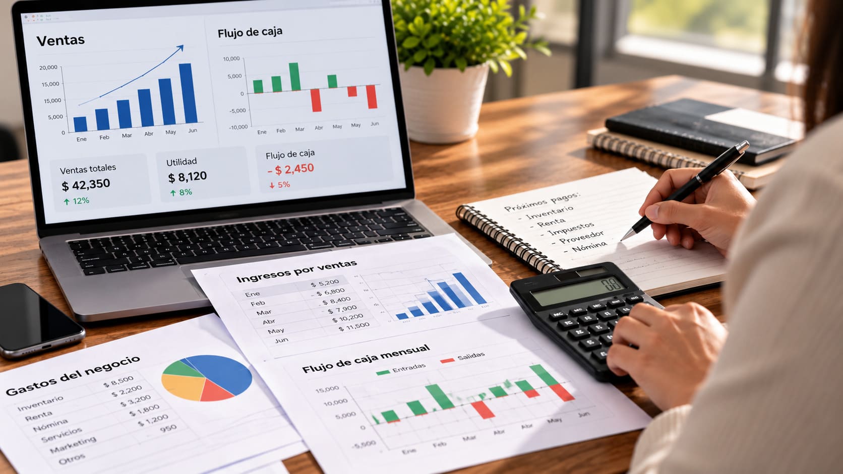 Persona analizando las ventas y el flujo de caja de su negocio mediante gráficos financieros en una computadora, mientras revisa gastos y próximos pagos.